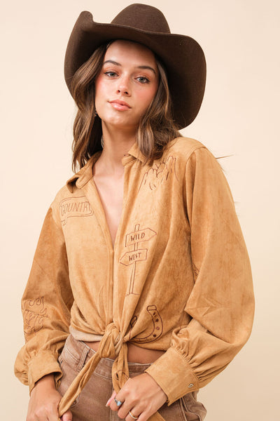 Western Suede Tie Blouse