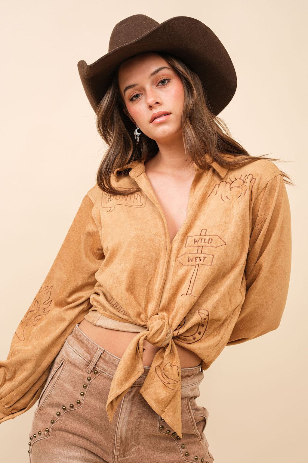 Western Suede Tie Blouse