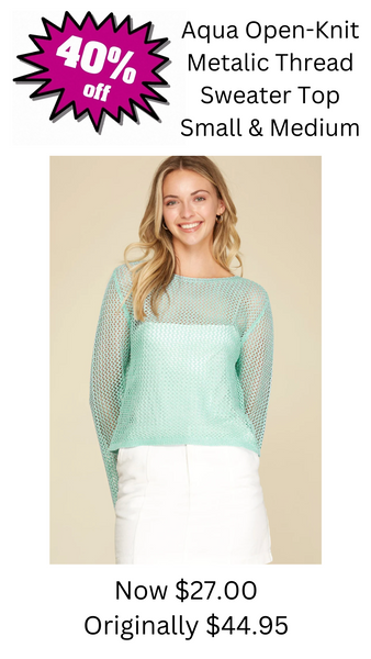 Aqua Open-Knit Metallic Thread Sweater Top