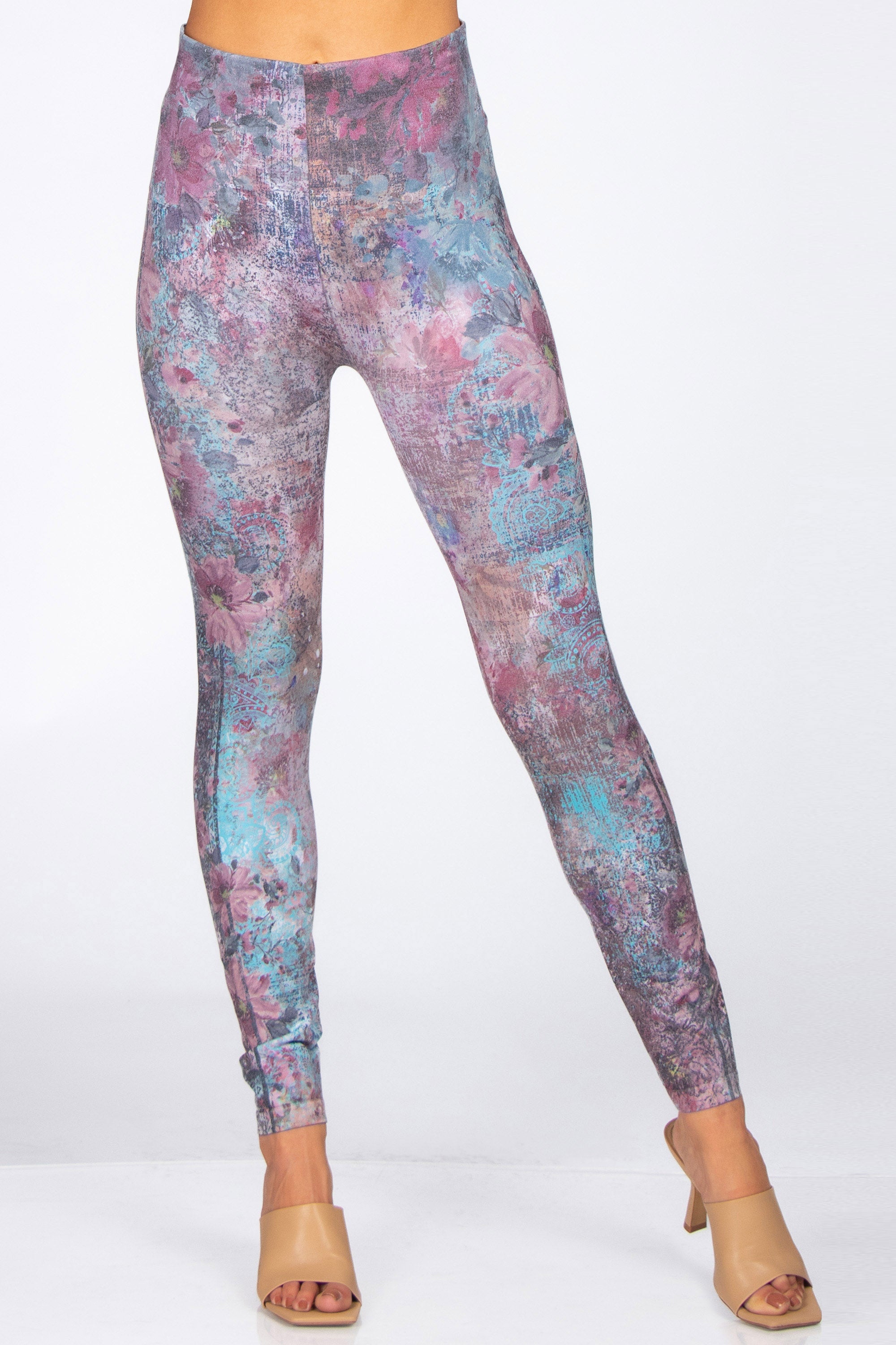Floral Mauve Printed Leggings Front Women's Clothing