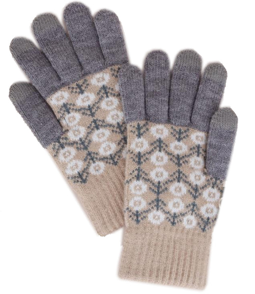Grey Beige Nordic Floral Stretch Smart Tip Gloves