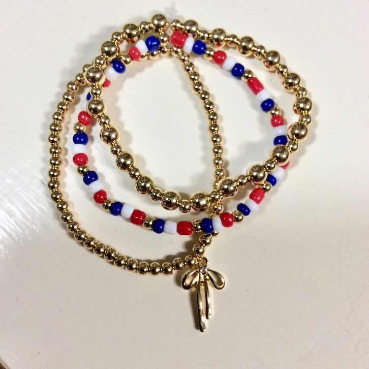 Bow Charm 3-Piece Patriotic Stretch Bracelet Set