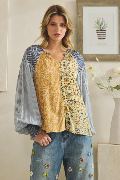 Honey & Blue Patchwork Peasant Top