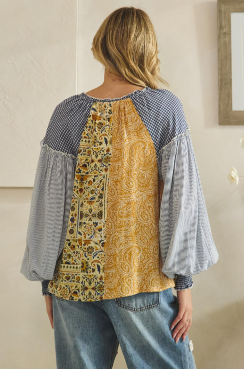 Honey & Blue Patchwork Peasant Top