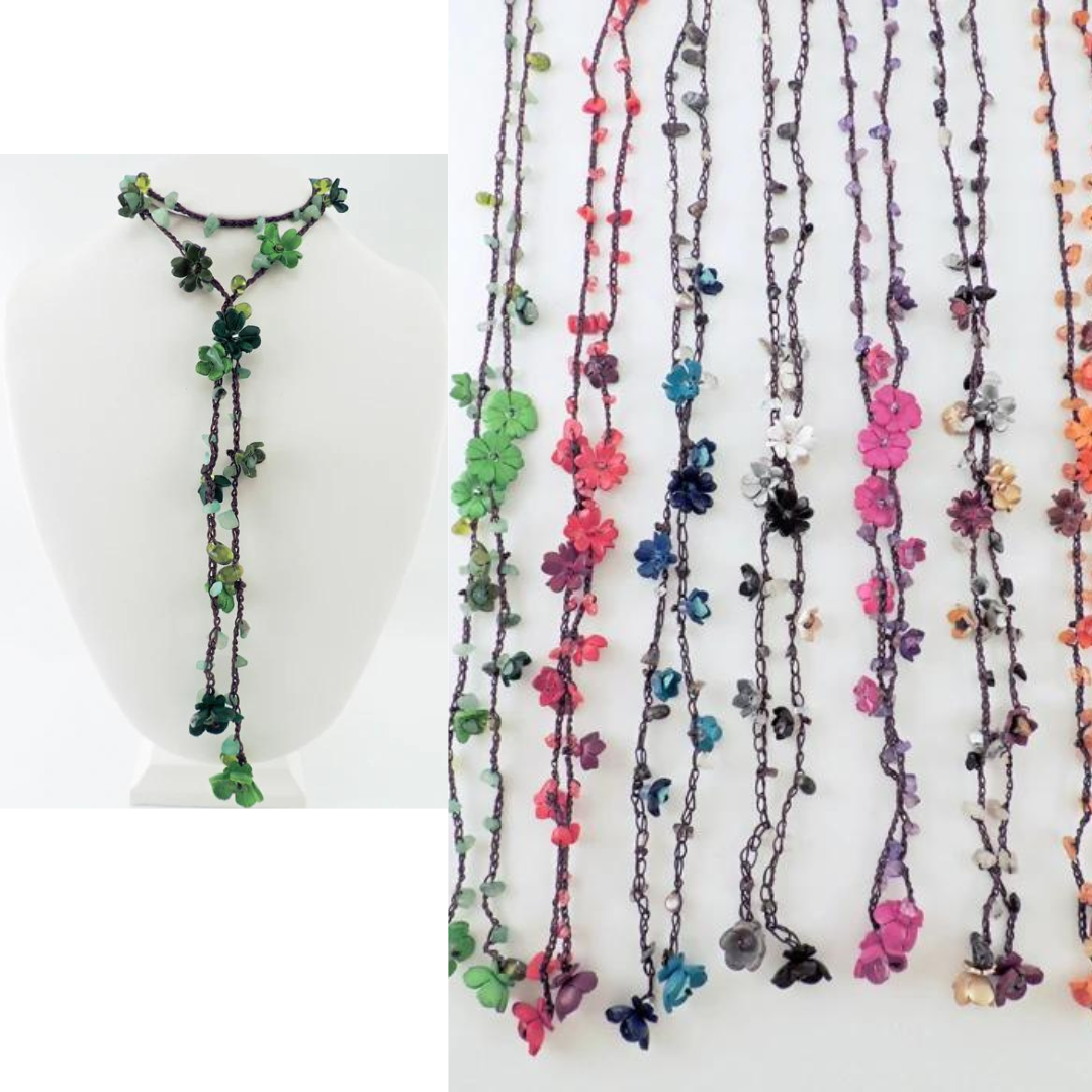 Leather and Stone Flower Strand Lariat