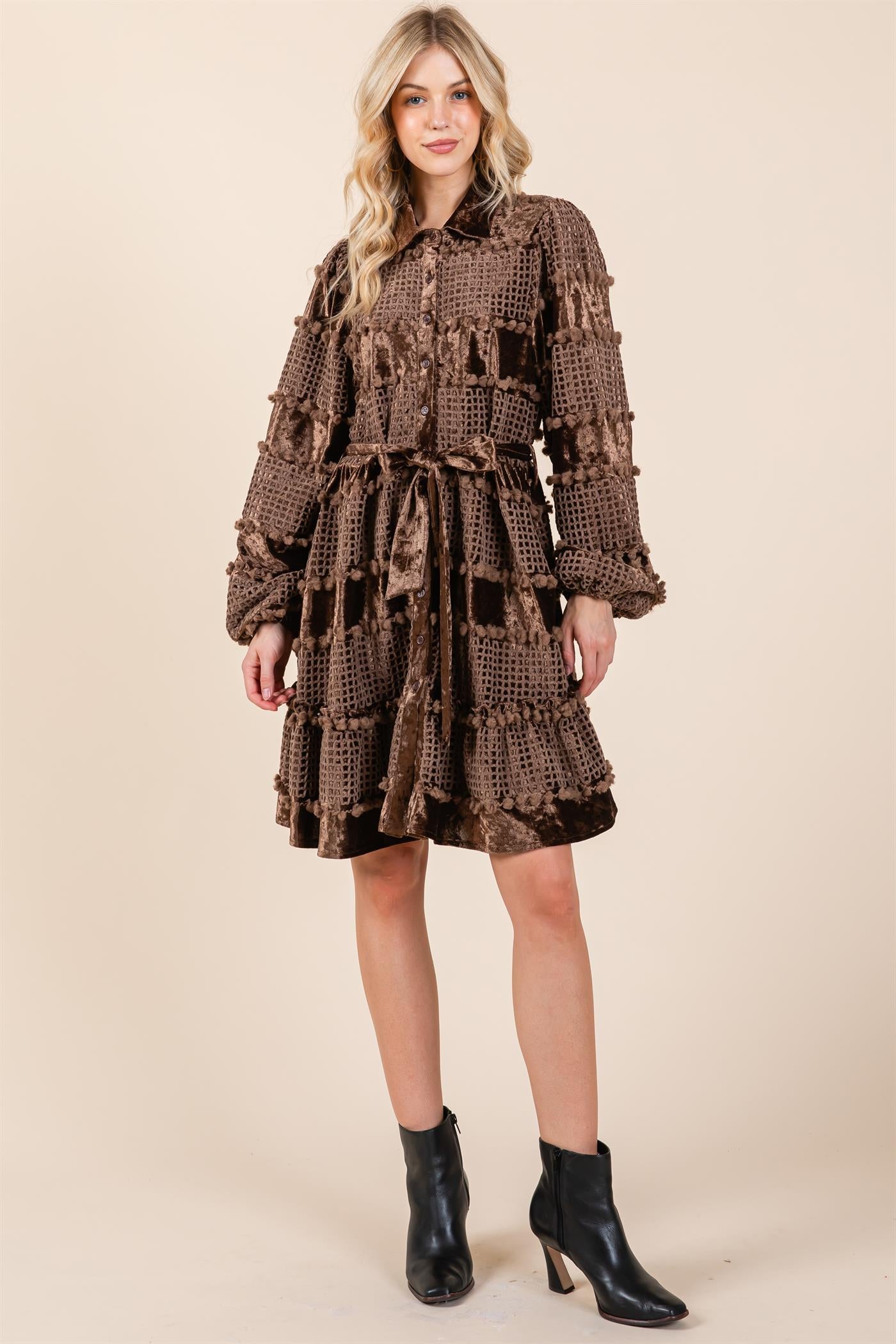 Velvet Grid Pom-Pom Dress