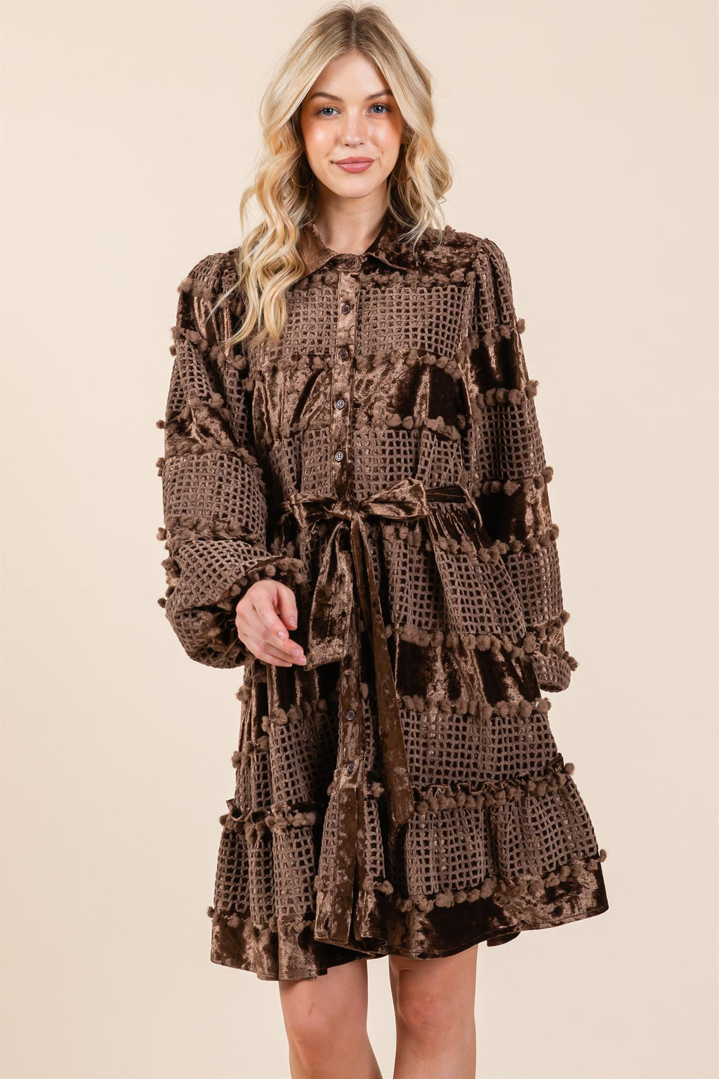 Velvet Grid Pom-Pom Dress