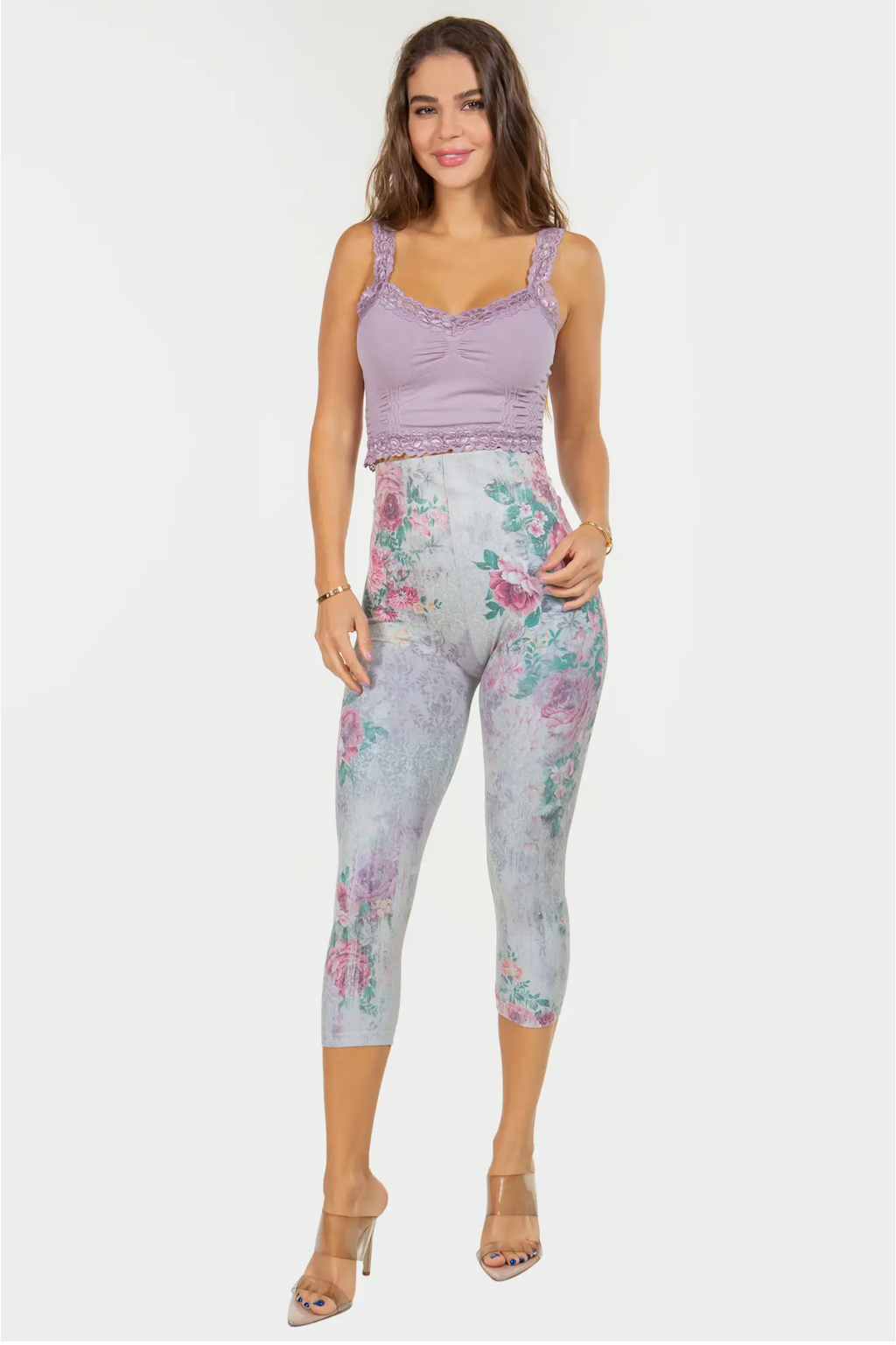 Antique Baroque Floral Print Crop Leggings Model Front Women's Clothing