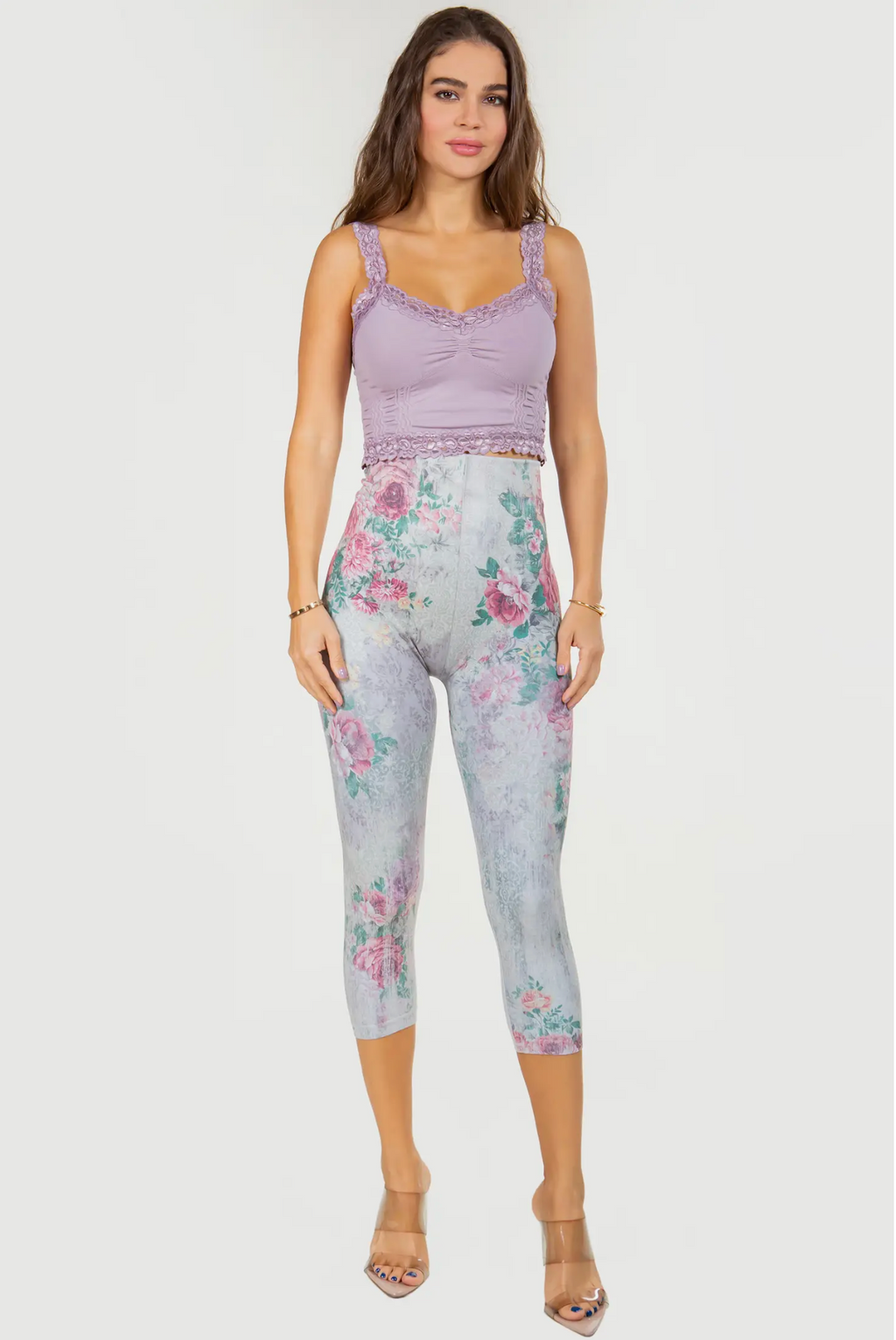 Antique Baroque Floral Print Crop Leggings Model 2 Women's Clothing