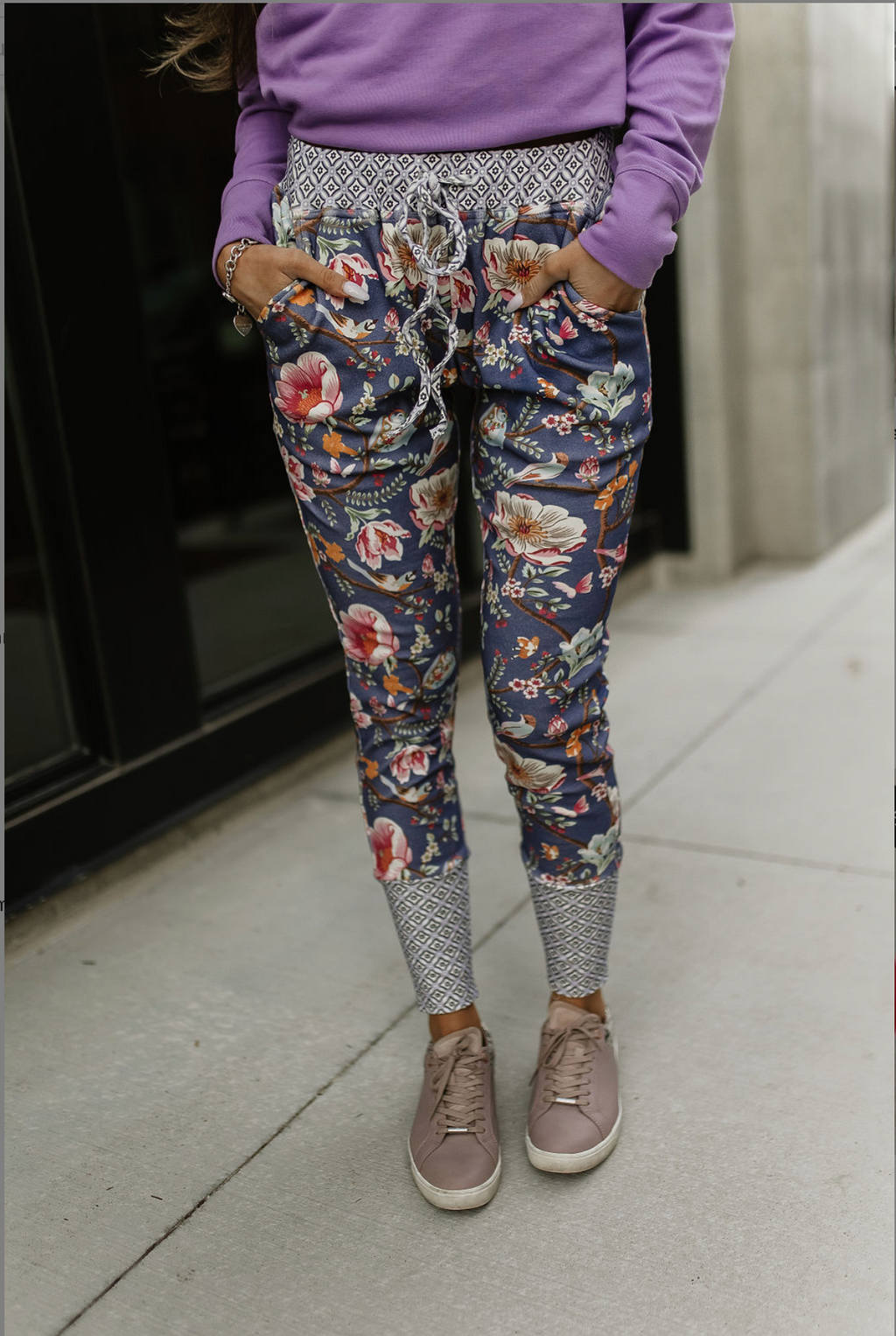 Ampersand Avenue Floral Joggers Close Up Women's Clothing