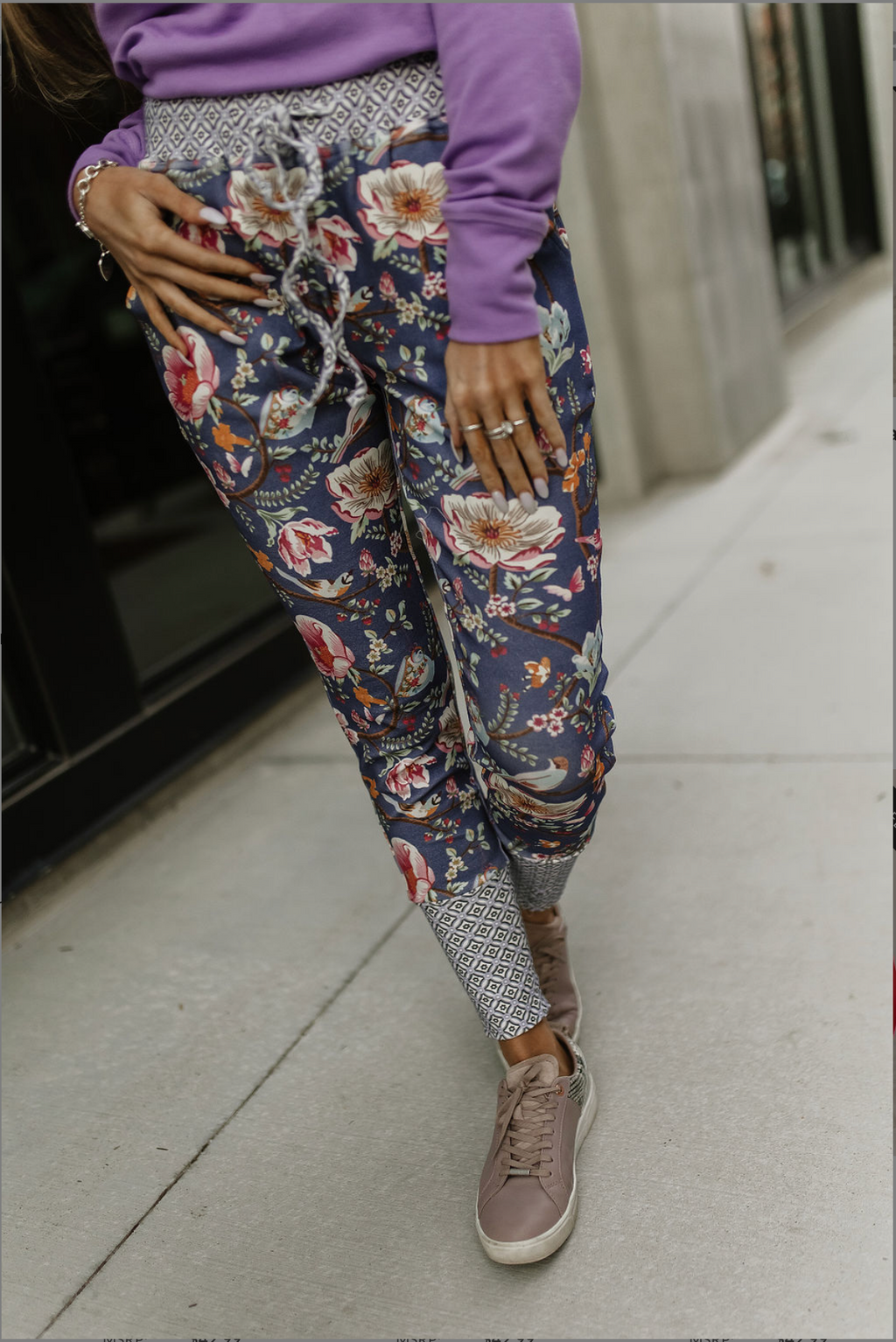 Ampersand Avenue Floral Joggers Close Up Top Women's Clothing