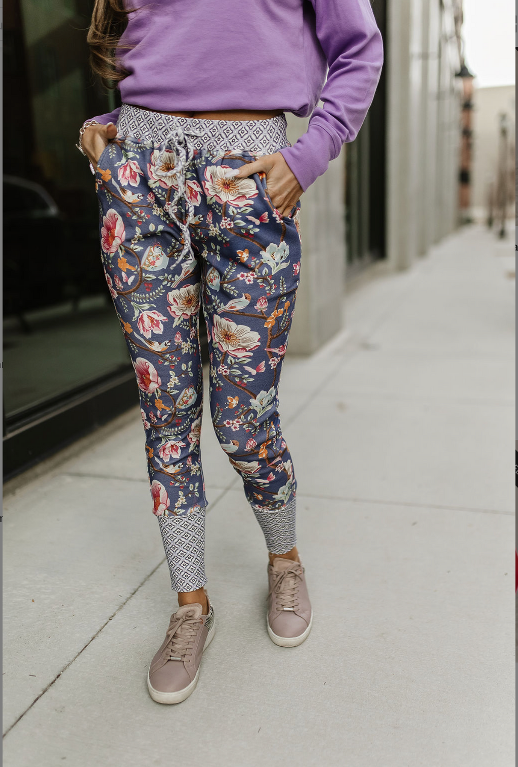 Ampersand Avenue Floral Joggers Close Up Walking Women's Clothing