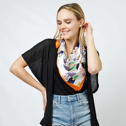 Orange Flower Print Satin Scarf