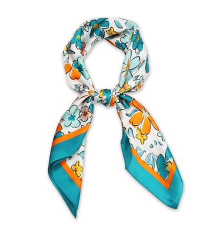 Turquoise Flower Print Satin Scarf