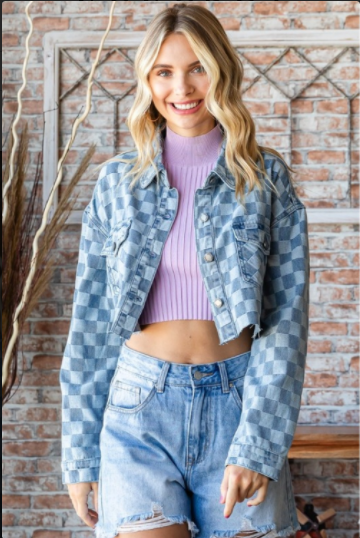 Denim Check Print Crop Shirt Jacket