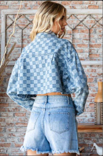 Denim Check Print Crop Shirt Jacket