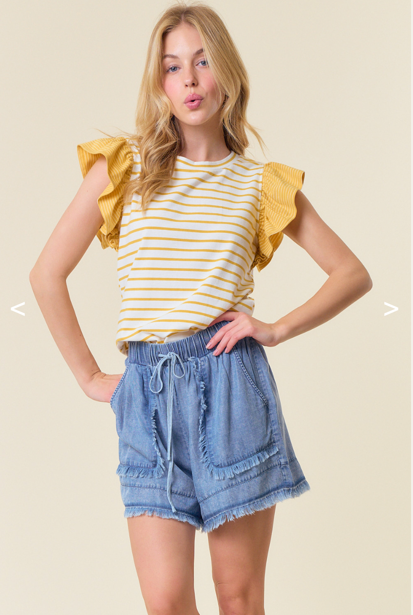 Denim Fray Detail Shorts Front Model Women's Clothing