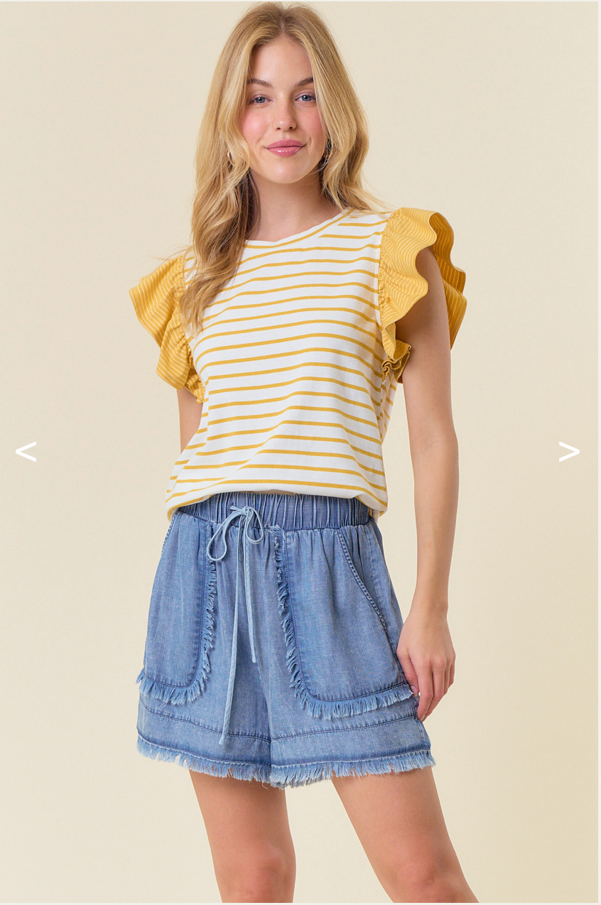 Denim Fray Detail Shorts Drawstring Waist Model Women's Clothing