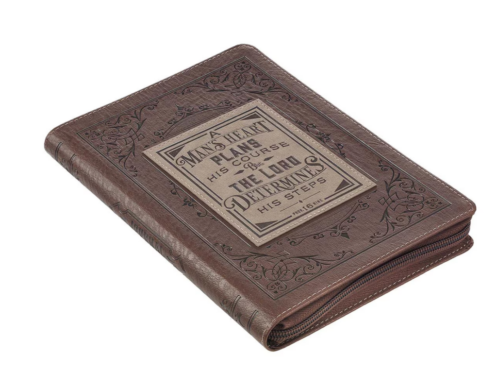 A Man's Heart Classic Faux Leather Zip Around Journal - Proverbs 16:9