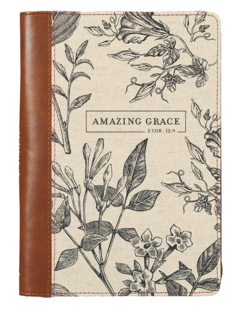 Amazing Grace Natural Canvas and Faux Leather Zip Around Journal - 2 Corinthians 12:9