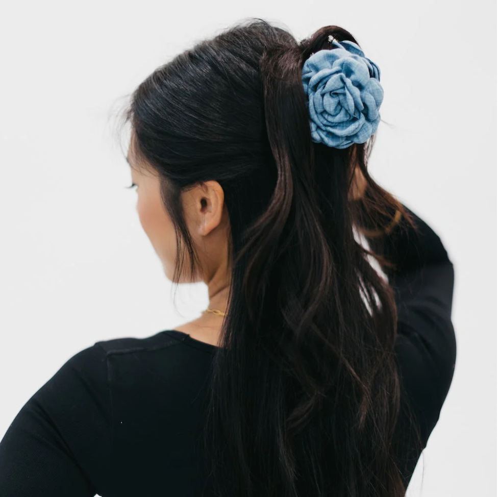 Blooming Rose Hair Claw Clip Denim and Red