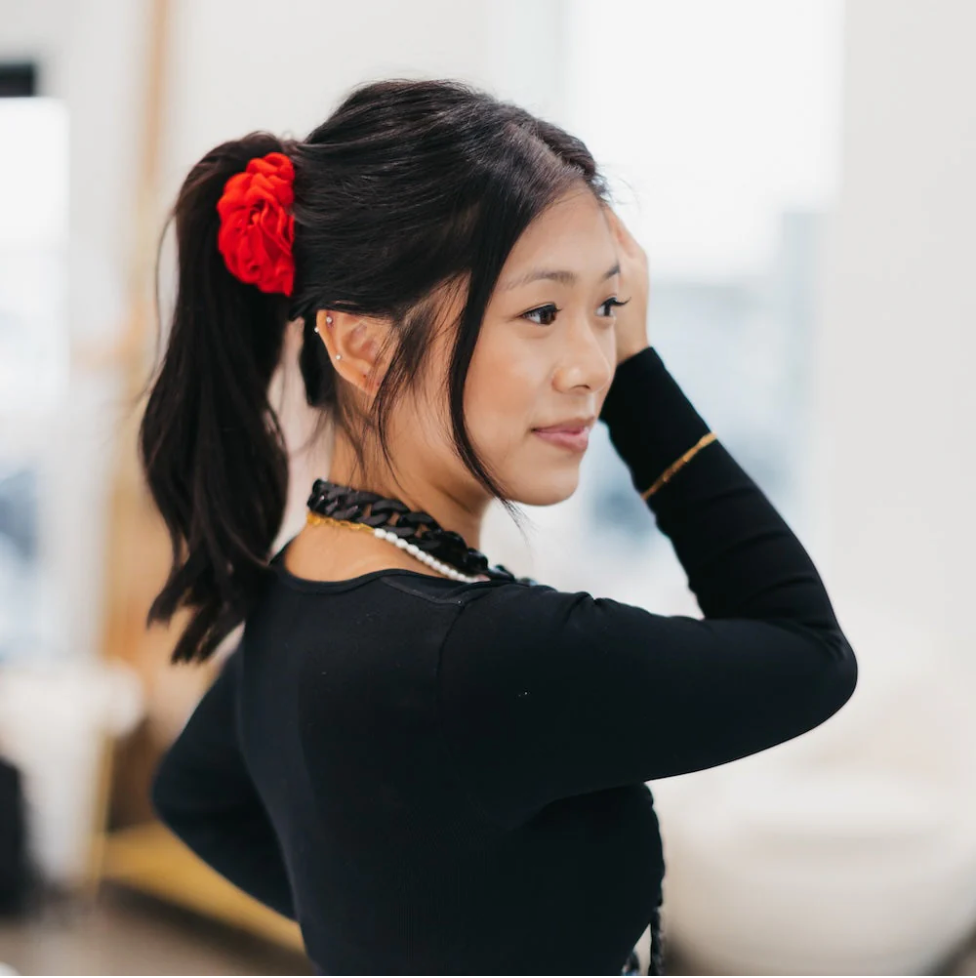 Blooming Rose Hair Claw Clip Denim and Red