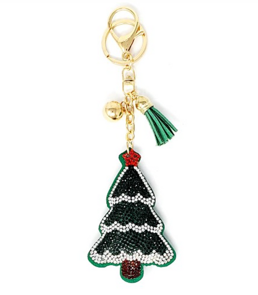 Silver Flocked Christmas Tree Puffy Tassel Purse Charm / Key Chain